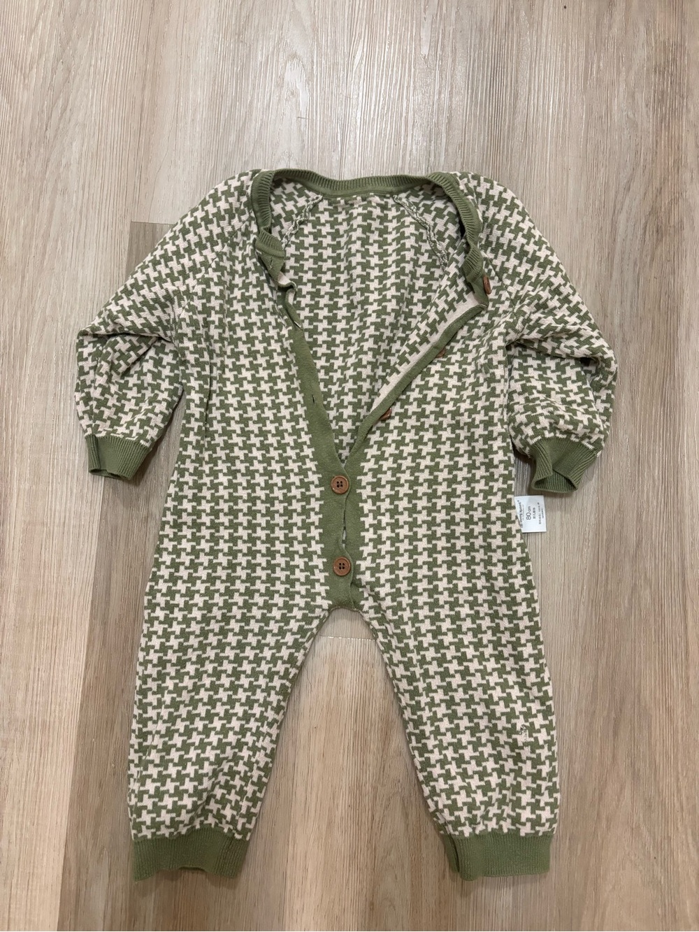 Cotton Baby Knit One-Piece in Green Houndstooth